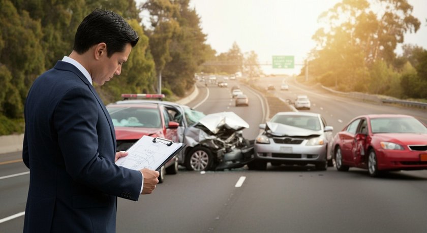 Attorney documenting a multi-vehicle collision on a highway